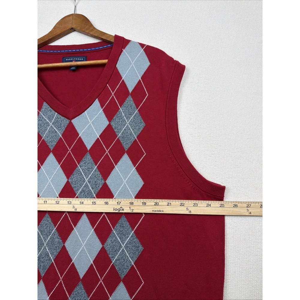 Saddlebred Men's V Neck Argyle‎ Sweater Vest Red Gray XL 100% Cotton Preppy Golf - Picture 4 of 10